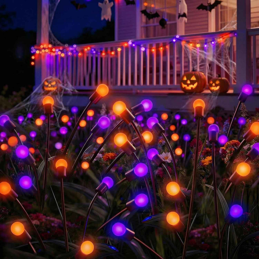 Halloween Firefly Solar Lights 2 Pack 6 LED Orange Purple | Swaying Pathway Lights IP65 Waterproof Auto Dusk to Dawn Outdoor Landscape Lights for Yard Patio Lawn Party Decor