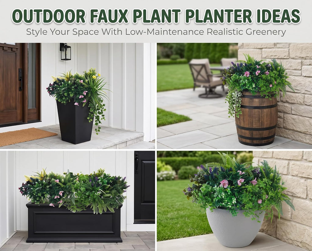 Laelfe UV Resistant Artificial Plants & Flowers, 13 Bundles | Fade Resistant 5000H UV Tested, Faux Fern Lavender Greenery Stems, Fake Plastic Shrubs for Front Porch Garden Patio