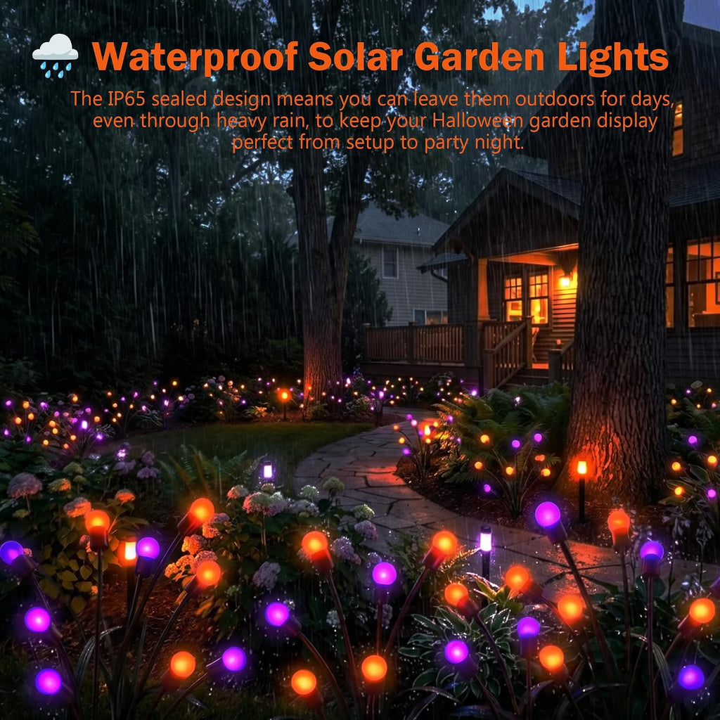 Halloween Firefly Solar Lights 2 Pack 6 LED Orange Purple | Swaying Pathway Lights IP65 Waterproof Auto Dusk to Dawn Outdoor Landscape Lights for Yard Patio Lawn Party Decor