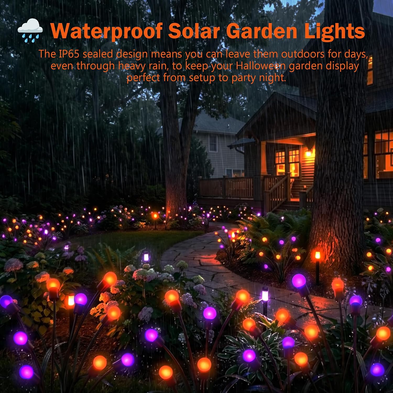 Halloween Firefly Solar Lights 2 Pack 6 LED Orange Purple | Swaying Pathway Lights IP65 Waterproof Auto Dusk to Dawn Outdoor Landscape Lights for Yard Patio Lawn Party Decor