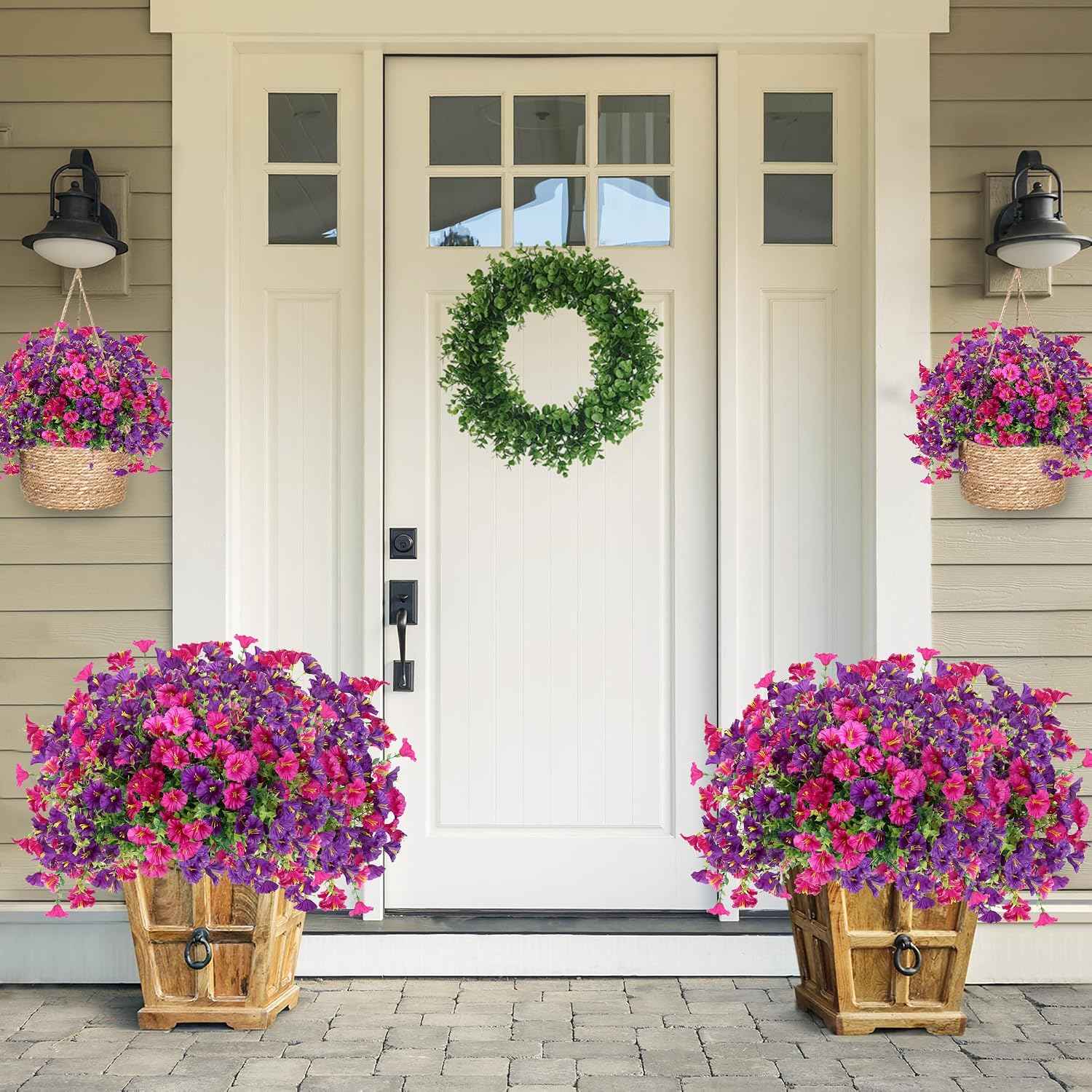 Artificial Flowers for Outdoors 12 Bundles Realistic Faux Plants UV Resistant Fake Silk Morning Glory with Eucalyptus for Front Door Planter Patio Porch Spring Summer Decoration (2 Mixed Color)
