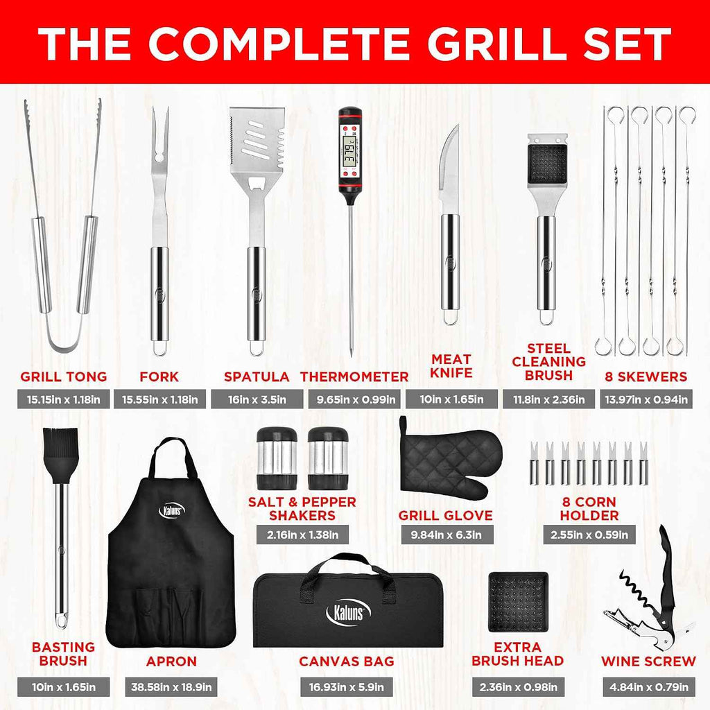Kaluns Grilling Accessories, Dad Gifts for Christmas, Heavy Duty Stainless Steel Grill Set BBQ Grill Accessories for Outdoor Grill with Meat Thermometer, Case and Apron