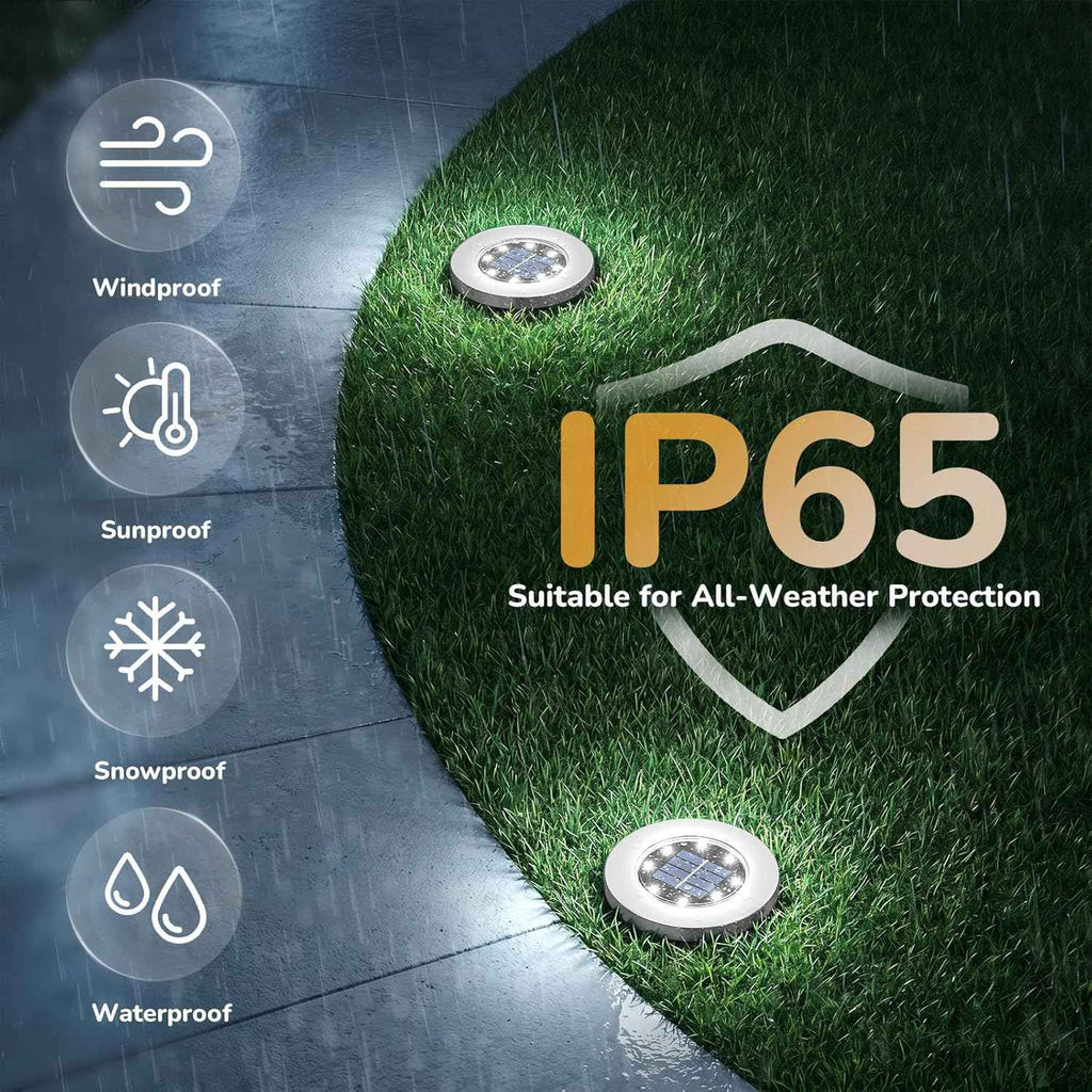 INCX 12 Pack 4.6 Inch Solar Ground Lights Outdoor, Waterproof, Cold White | 8 LEDs, 600mAh Ni-MH battery, 8-10 hr runtime, stainless steel and ABS body, garden lights for pathways, lawns and driveways