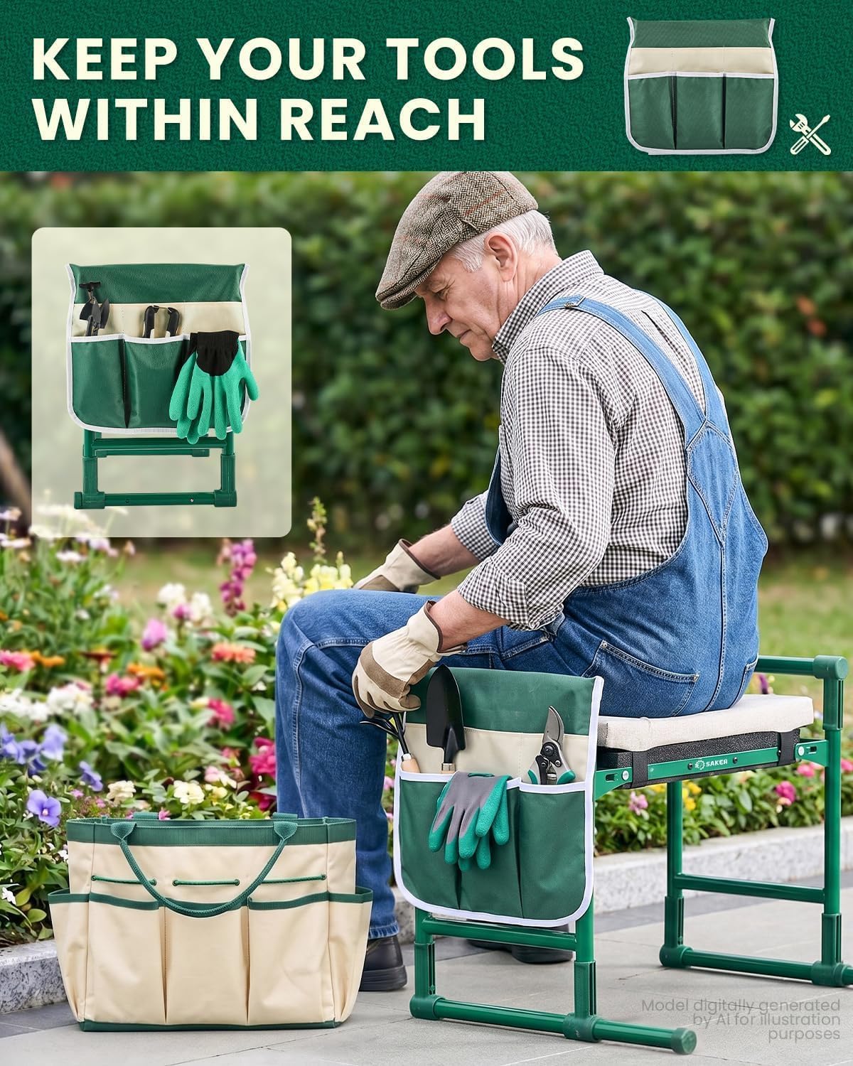 Saker 2026 Upgraded Garden Kneeler and Seat with 500LB Frame & Soft Pad | Foldable Stool, Heavy-Duty Steel, Comfortable Kneeling, Support for Elderly Gardening & Weeding(Basic Version)