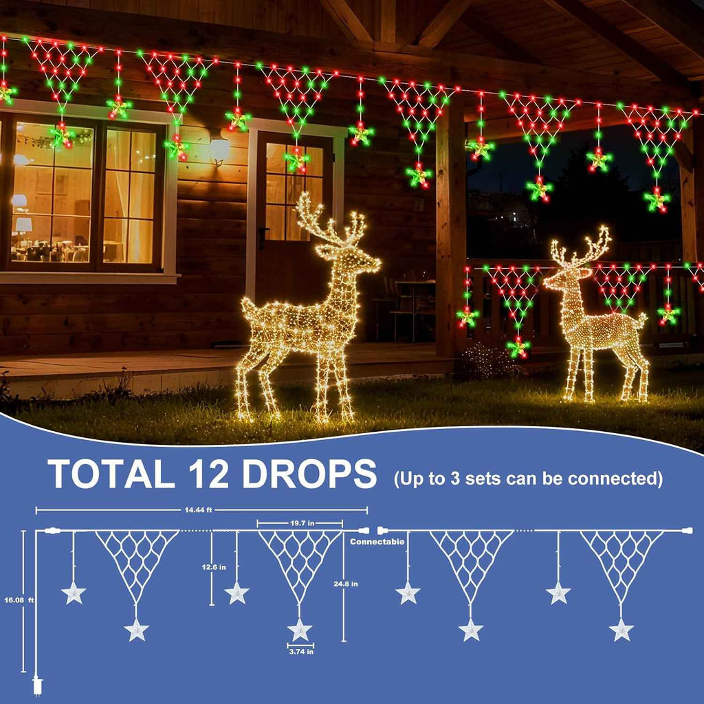 Outdoor Christmas Decorations Lights 13.8ft 200 LED Christmas Lights with 11 Stars,Dimmable Curtain Fairy Light with 8 Modes for Wedding Party Holiday Christmas Decor(RGB)