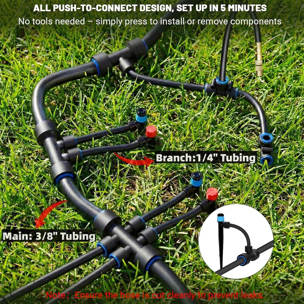 100FT Drip Irrigation Kit with 30 Emitters, 3 Spray Types, Push-Fit System | Quick-connect Fittings, Save water, Leak-free, Automatic Plant Watering Sprinkler System for Greenhouse, Potted, Raised Bed