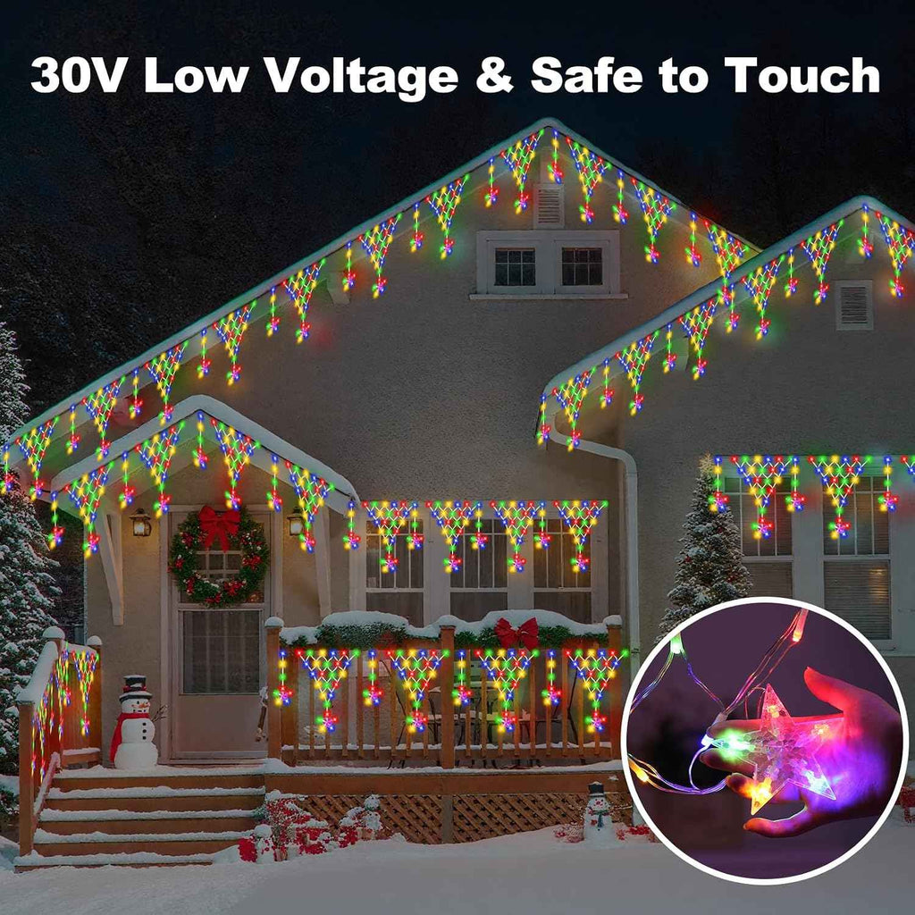 Outdoor Christmas Decorations Lights 13.8ft 200 LED Christmas Lights with 11 Stars,Dimmable Curtain Fairy Light with 8 Modes for Wedding Party Holiday Christmas Decor(RGB)