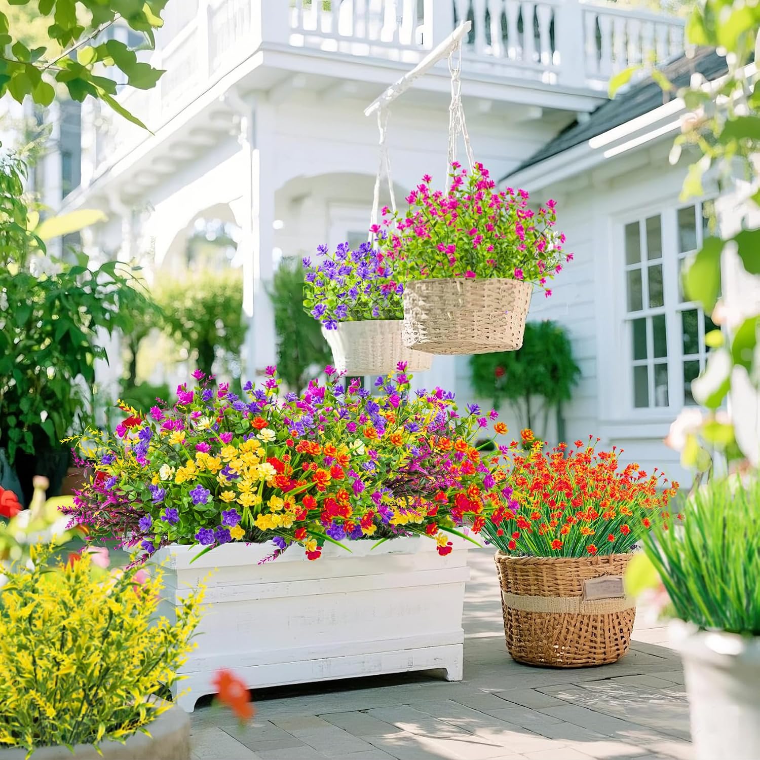 Ouddy Decor 16 Pcs Artificial Flowers for Outdoors Decorations, Mixed Color | fake plastic plants, faux shrubs, greenery wheat grass, UV resistant, garden patio window box office table kitchen home decor
