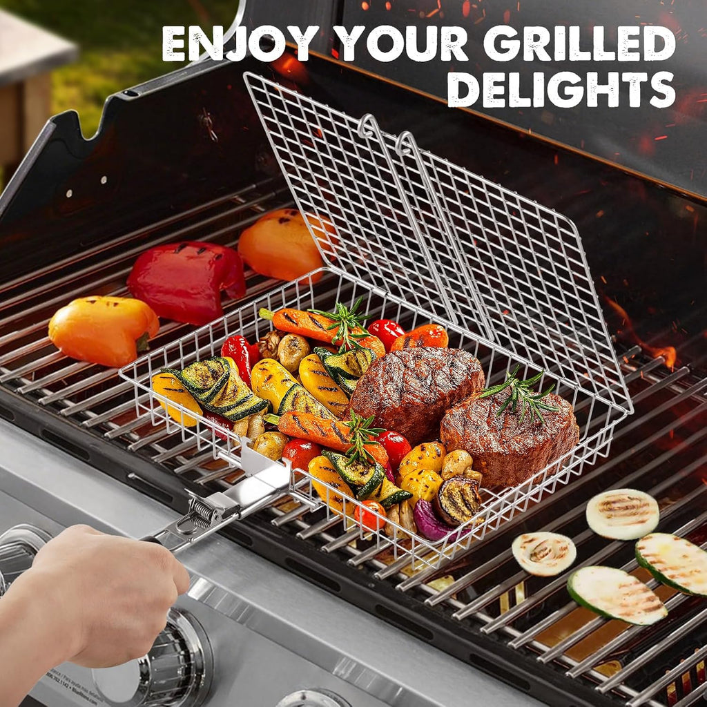 Grill Baskets for Outdoor Grill, 2 Pack Stainless Steel Grilling Baskets | Nesting Fish Grill Basket with Two Grid Sizes, Grilling Basket with Wood Handle for Shrimp, Vegetables, Burgers and Steaks