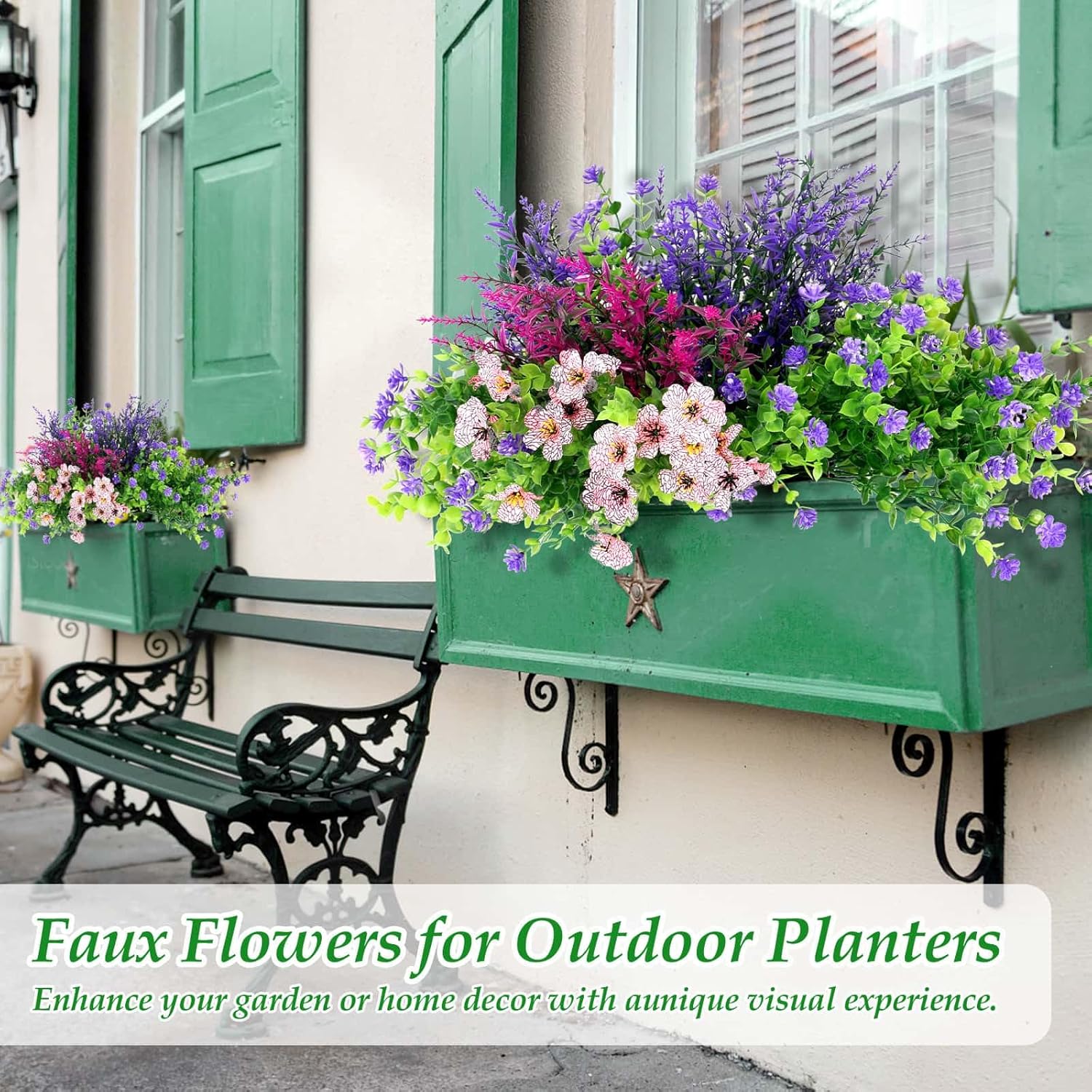 20 Bundles Artificial Spring Summer Flowers Bulk for Outdoors, UV Resistant | Silk Fake Wildflowers and Plastic Faux Lavender Plants for Outside Garden Patio Porch Window Box Hanging Basket Decor