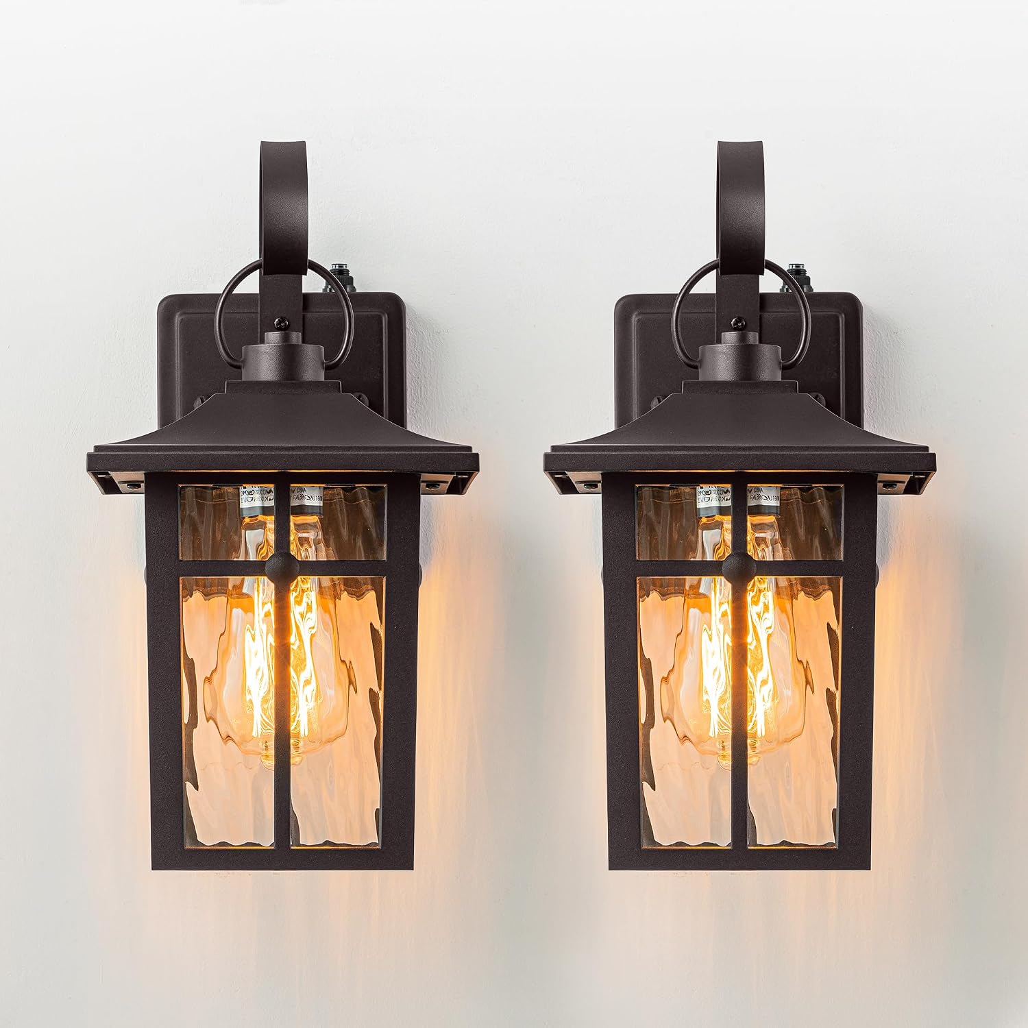 2 Pack Dusk to Dawn Outdoor Wall Lights, Brown Porch Lanterns | Aluminum Garage Light, Ripple Glass, Weather Resistant, For Garage Patio Entryway