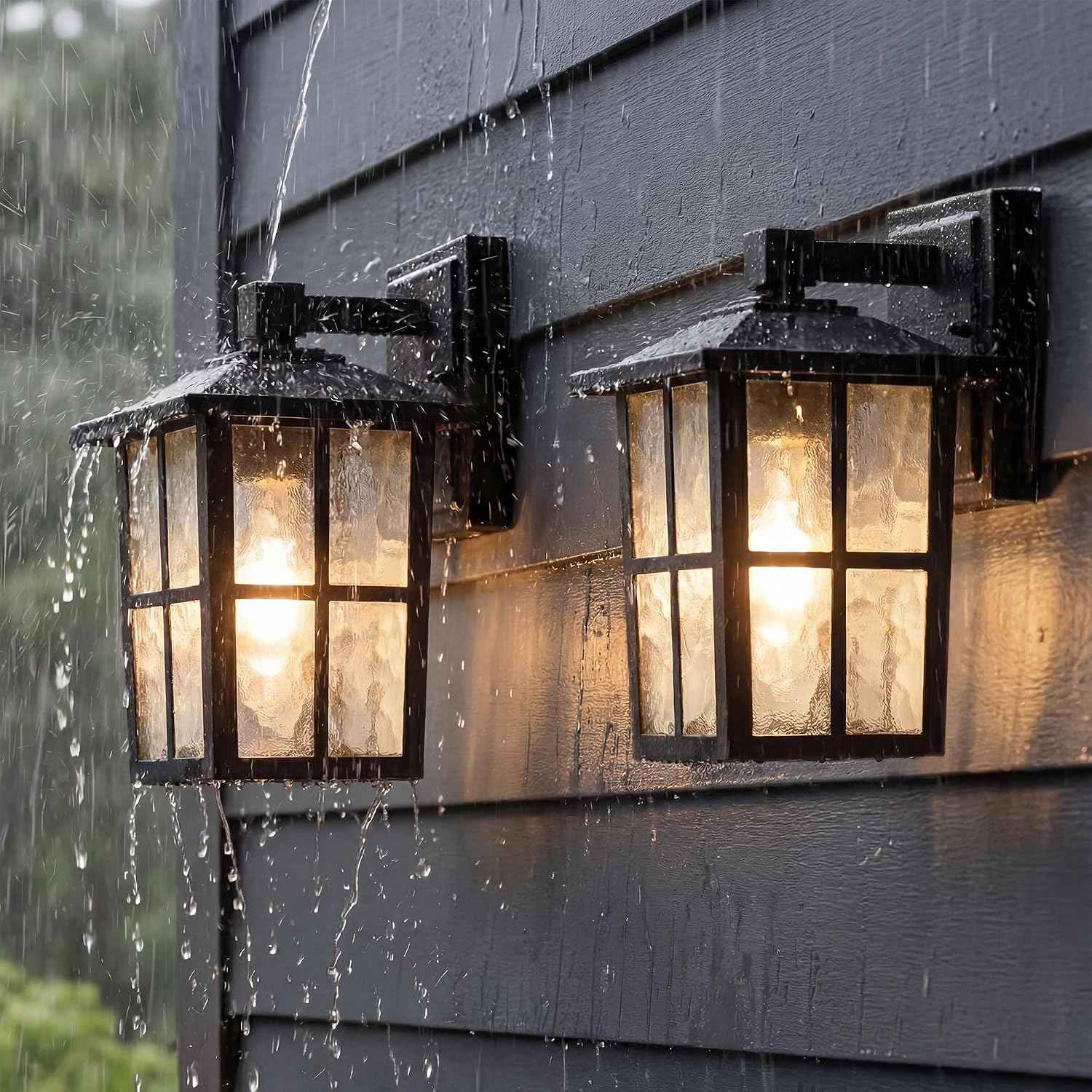 KDG Black Outdoor Waterproof Modern Patio Wall Light Fixtures Set of 2 | E26 Socket Exterior Lanterns & Sconce with Tempered Glass, Wall Mounted Lamps for Home, Front Door, Garden, Garage, Porch
