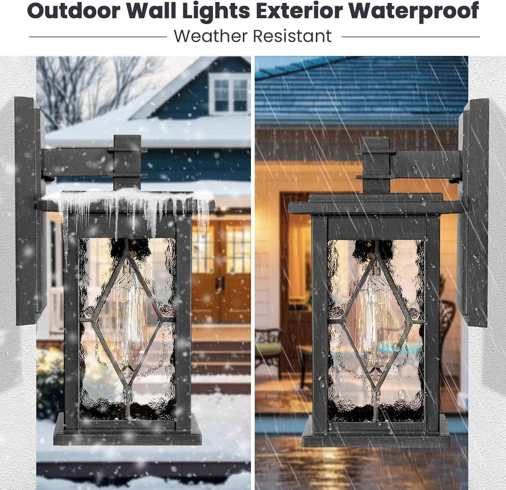 Outdoor Wall Lights Matte Black Outside Light Fixtures for House | Aluminum Outdoor Porch Lighting with Handmade Solder Glass, Waterproof Garage Lights, E26 Socket and UL Listed