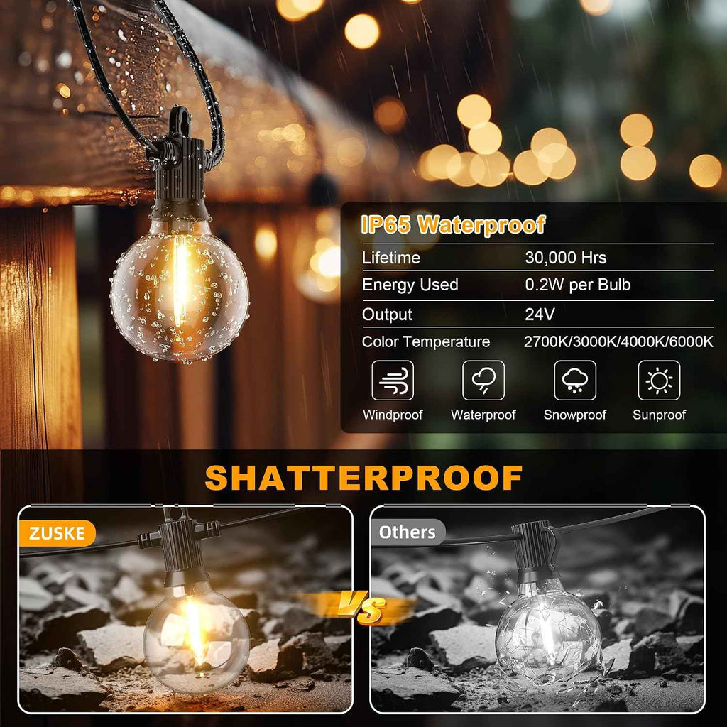 Zuske Outdoor String Lights, 50FT 4-Color LED Patio Lights with 25 Shatterproof G40 Globe Bulbs, Waterproof Hanging Lights for Outside, Backyard, Porch, Balcony, Gazebo, 2700K/3000K/4000K/6000K