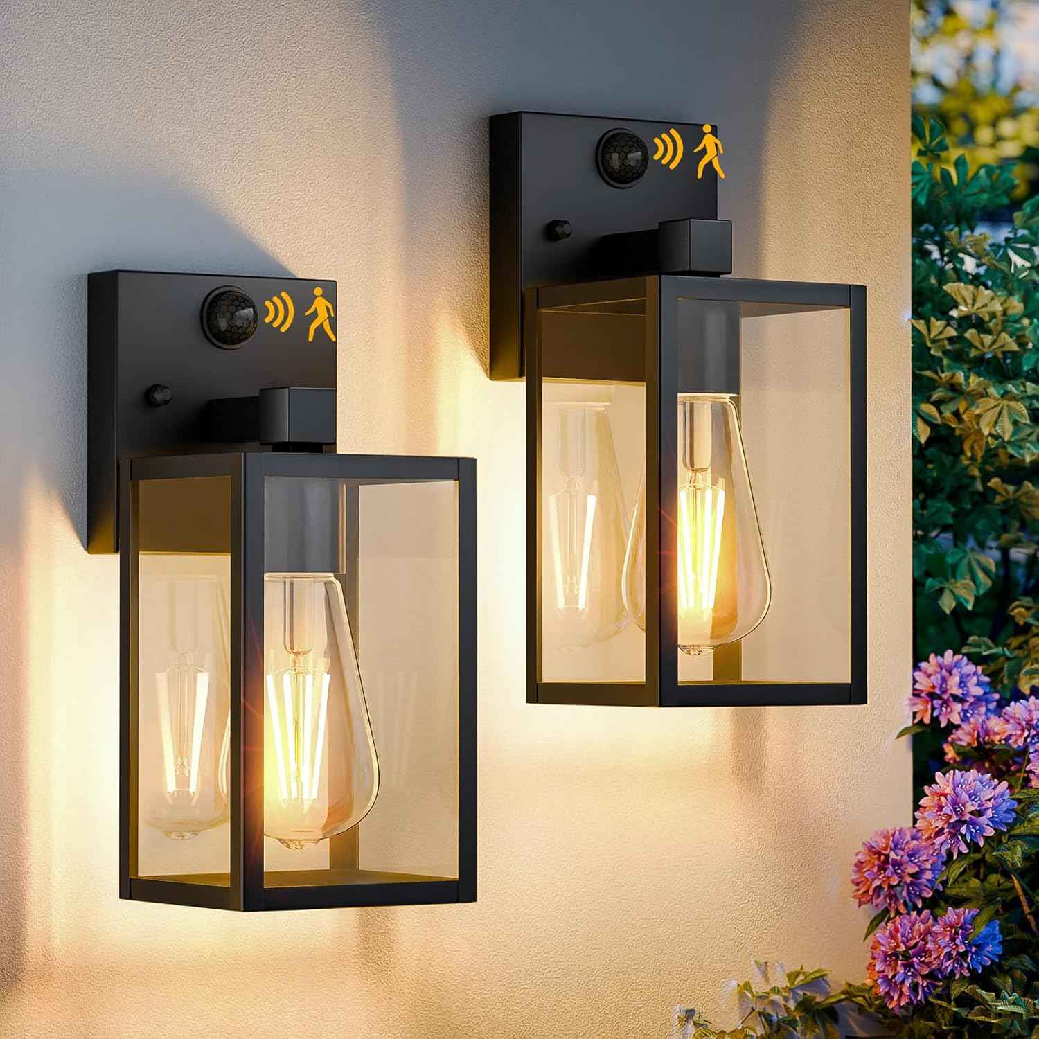2 Pack Motion Sensor Outdoor Light Fixtures Wall Mount, H 10.24'' Small Front Porch Lights for House, Exterior Wall Sconce, Black Waterproof Lantern Lamp,Outside Coach Light for Garage Entryway Yard