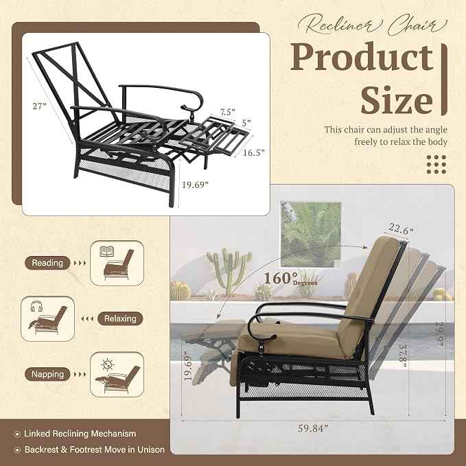 Oakcloud Adjustable Outdoor Lounge Chair Metal Patio Relaxing Recliner Chair Set