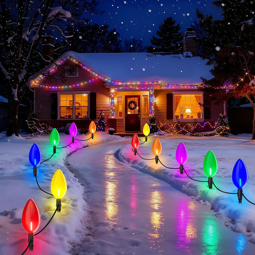 Outdoor Jumbo C9 Christmas Pathway Lights, 23FT Connectable Walkway Lights with 12 Multicolor LED Bulbs for Driveway Yard Lawn Garden