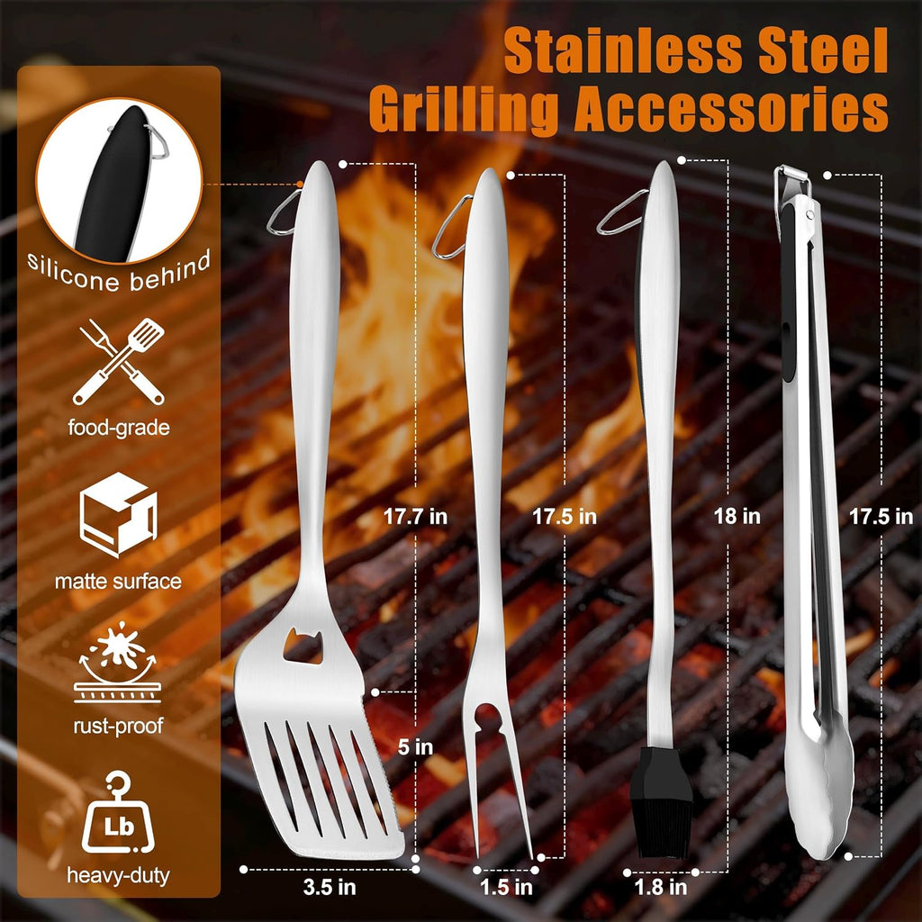 BBQ Accessories, HaSteeL 18In Grill Tools for Outdoor Grill - 4 Pack | Stainless Steel Grill Accessories for Camping, Heavy-Duty Grill Spatula, Tong, Fork, Brush, Campfire Cooking Utensils for Men