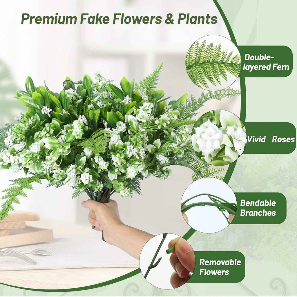 RECUTMS Faux Fern Flowers Plants Set for Outdoors 11 Bundles UV Resistant | Fake Fern,Eucalyptus Shrub with Rose&Berry Bunches for Home Patio Garden Window Box Front Door Porch Yard Planter Decor White