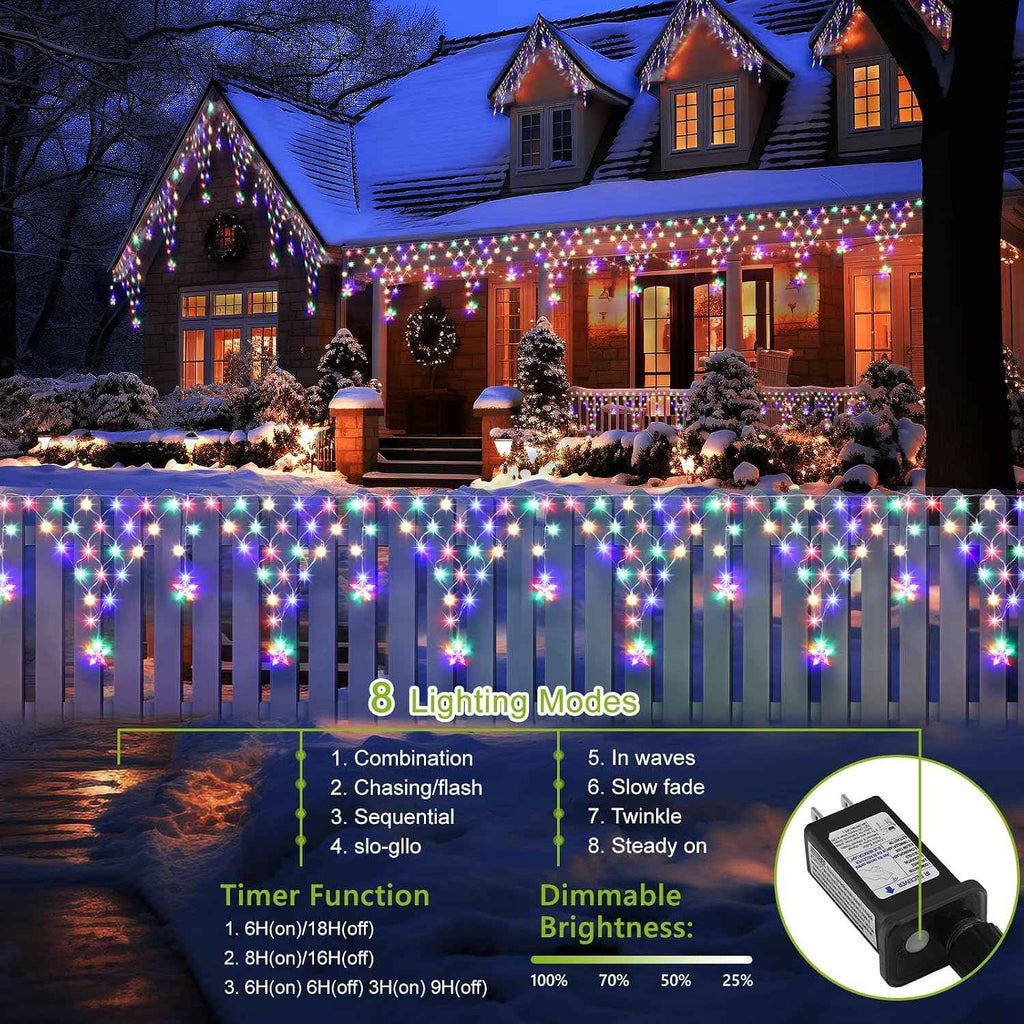 Christmas Lights Outdoor Decorations 218 LED 13.8ft Curtain Fairy Lights with 11 Drops, LED String Light Decor with 8 Modes for Party Holiday Christmas Home Indoor Outdoor Decor Star Multicolor