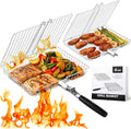 Grill Baskets for Outdoor Grill, 2 Pack Stainless Steel Grilling Baskets | Nesting Fish Grill Basket with Two Grid Sizes, Grilling Basket with Wood Handle for Shrimp, Vegetables, Burgers and Steaks