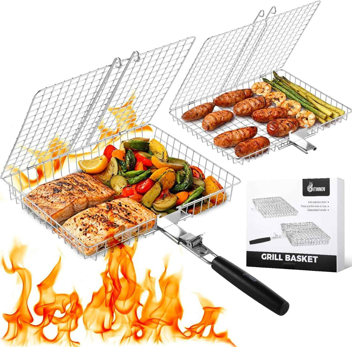 Grill Baskets for Outdoor Grill, 2 Pack Stainless Steel Grilling Baskets | Nesting Fish Grill Basket with Two Grid Sizes, Grilling Basket with Wood Handle for Shrimp, Vegetables, Burgers and Steaks