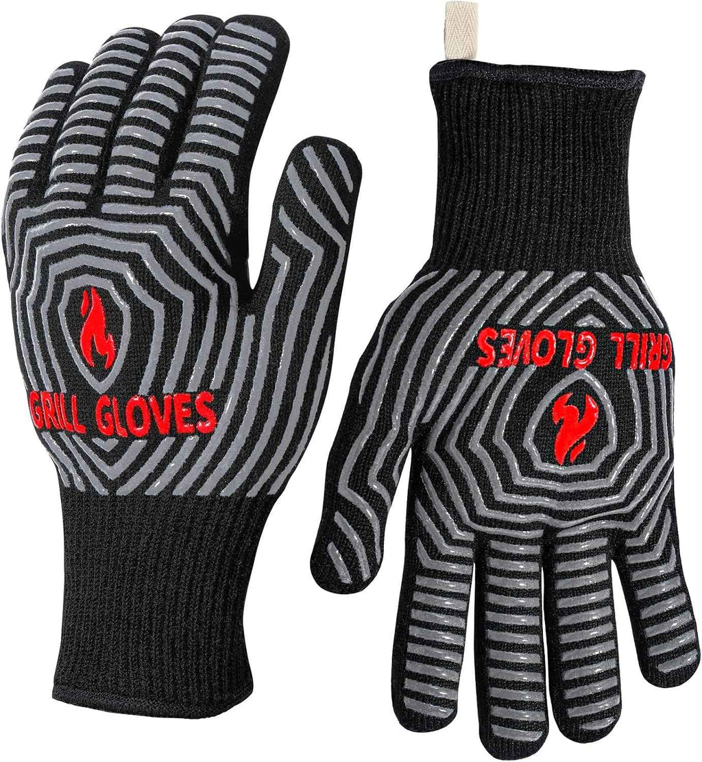 QUWIN BBQ Gloves, 1472°F Heat Resistant Grilling Gloves Silicone Non-Slip Oven Mitts, Kitchen Gloves for BBQ, Grilling, Cooking, Baking(One Size Fits Most, Black)- 1 Pair