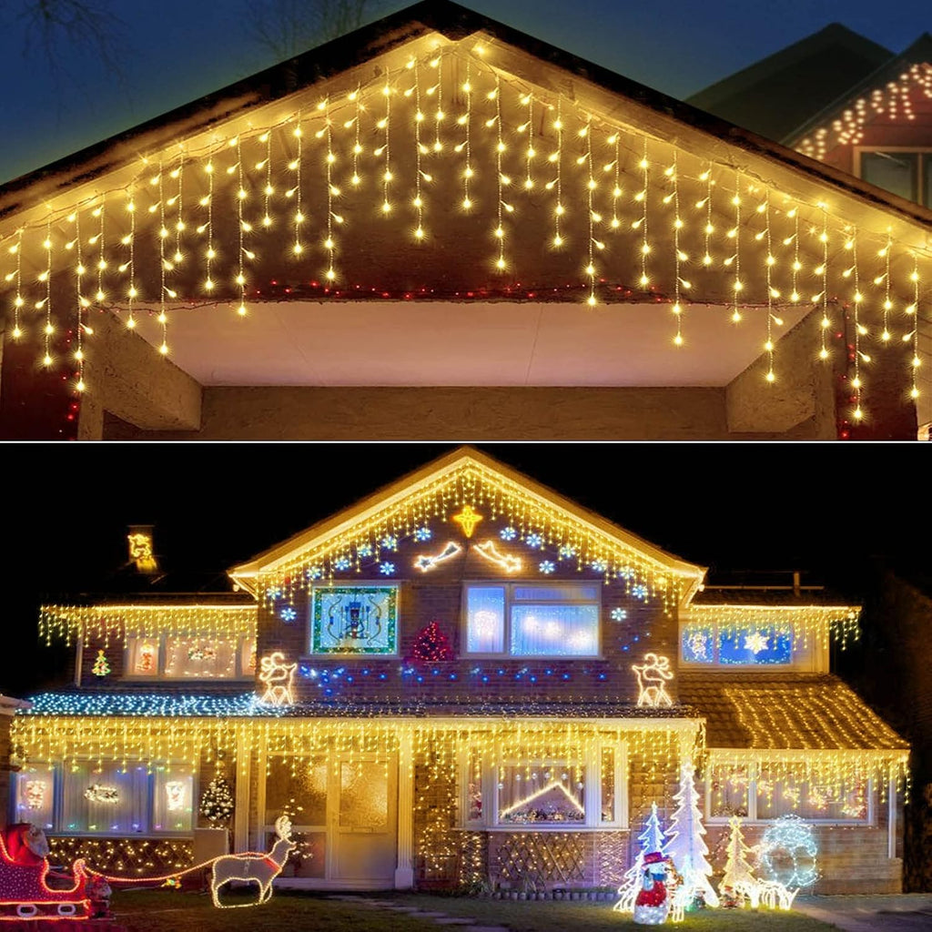 304 LED Solar Christmas Icicle Lights Outdoor Decorations, 8 Modes Waterproof Icicle Fairy Lights for Outside Holiday, Patio, Balcony, Christmas, Window, House Eaves Decorations, Warm White