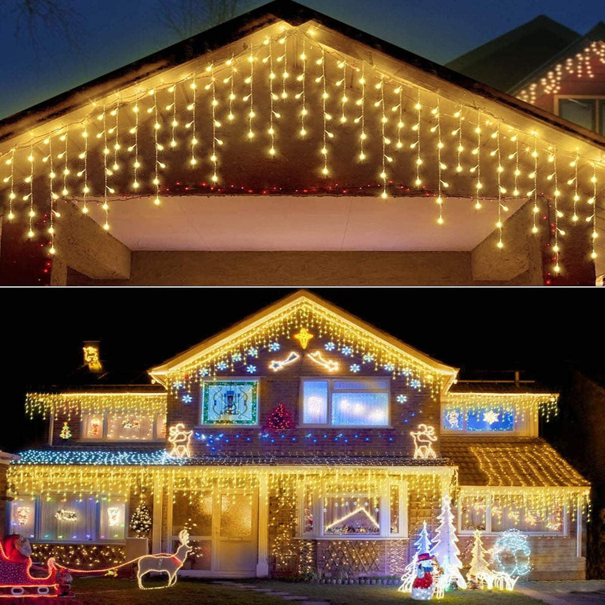 304 LED Solar Christmas Icicle Lights Outdoor Decorations, 8 Modes Waterproof Icicle Fairy Lights for Outside Holiday, Patio, Balcony, Christmas, Window, House Eaves Decorations, Warm White
