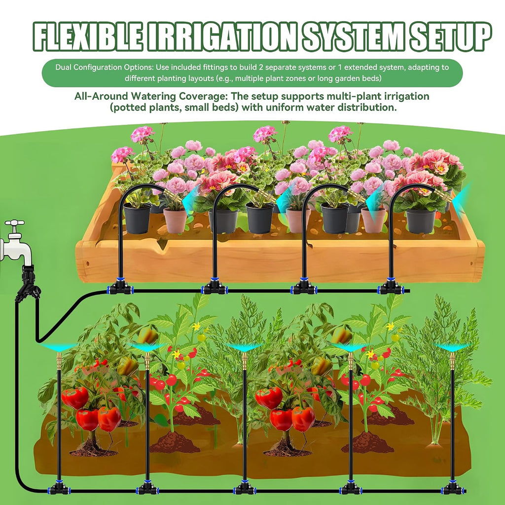 100FT Drip Irrigation Kit System for Garden 360° Adjustable Garden Sprinklers for Yard Watering System with 18 Nozzles Raised Bed Greenhouse Plant Watering Devices Misting System