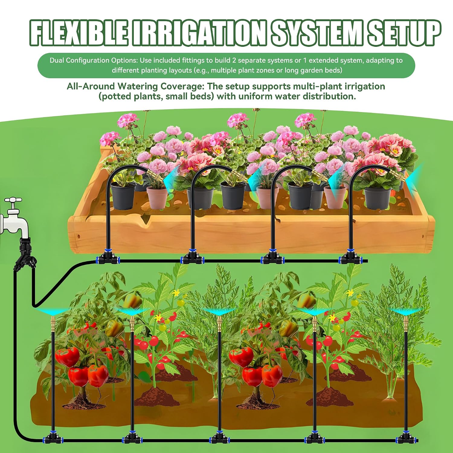 100FT Drip Irrigation Kit System for Garden 360° Adjustable Garden Sprinklers for Yard Watering System with 18 Nozzles Raised Bed Greenhouse Plant Watering Devices Misting System