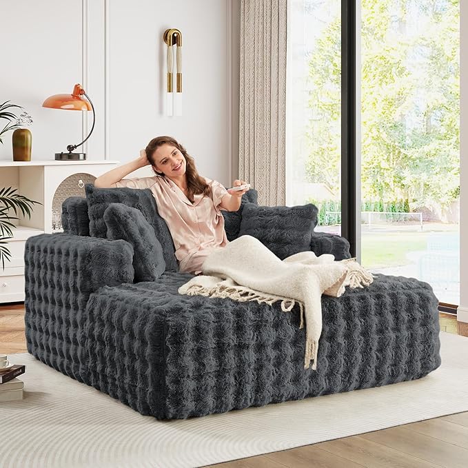 56" W Oversized Chaise Lounge Chair Indoor, Plush Faux Fur Sleeper Couch Sofa - Image 5