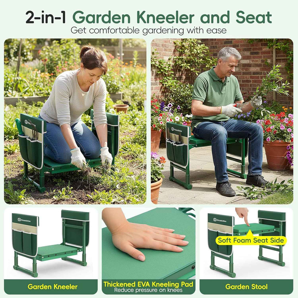 Housolution Garden Kneeler and Seat with Anti-Tipping Extendable Legs | Foldable and Portable Garden Stool with 2 Tool Bags, Thick Soft Kneeling Pad, Gardening Gifts for Women Men Seniors, Green
