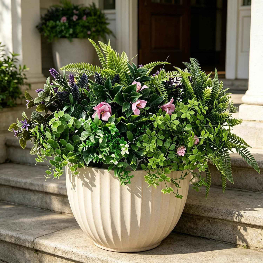 Laelfe UV Resistant Artificial Plants & Flowers, 13 Bundles | Fade Resistant 5000H UV Tested, Faux Fern Lavender Greenery Stems, Fake Plastic Shrubs for Front Porch Garden Patio