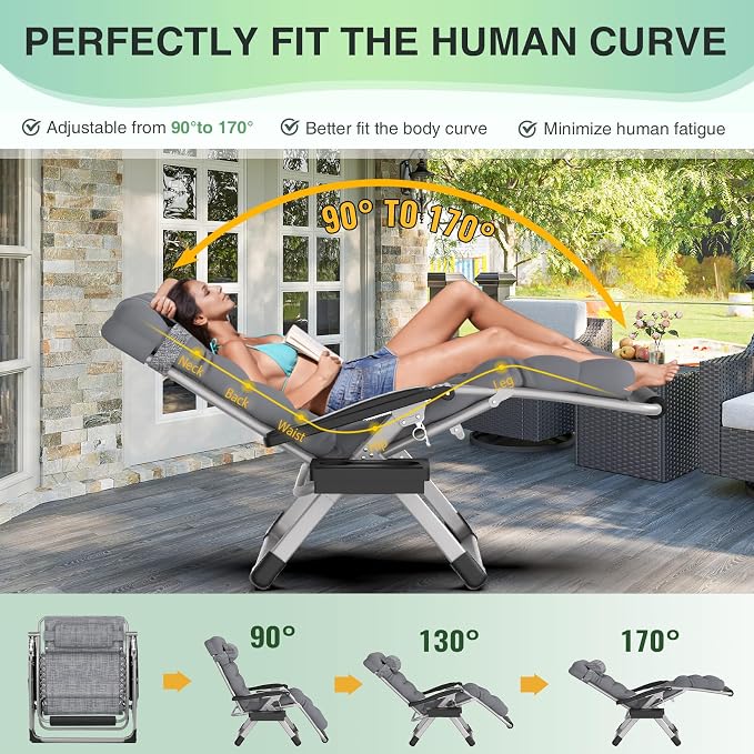 Suteck Oversized Zero Gravity Chair, 29In XL Outdoor Recliner Chair w/Removable - Image 4