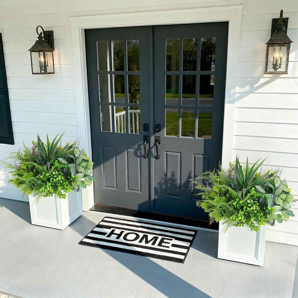 Hrobek Outdoor Faux Plants UV Resistant Fake Greenery for Outside Planter | 12 Bouquet Realistic Artificial Eucalyptus Fern Lavender Spider Vanilla Patio Garden Front Door Porch Yard Home Decor