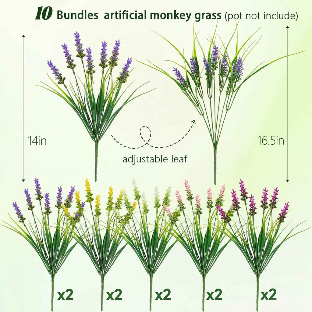 N&T NIETING 10 Bundles Artificial Plants Outdoor Fake Monkey Grass with Flowers Summer Plastic Faux Greenery for Pot Garden Verandah Decor Window Patio Hanging Planter Pathway Front Porch (Mix Color)