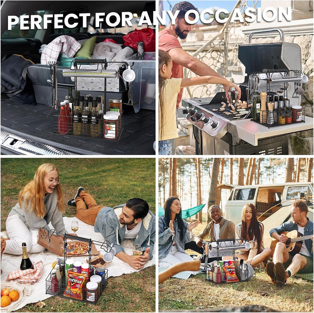 Grill Caddy for Outdoor Grill with 2 Paper Towel Holders,Barbecue Tool Sets Storage Organizer,BBQ Caddy for Outdoor Grill with 9 Compartments & 8 Hooks,Picnic Caddy Grilling Gifts for Men