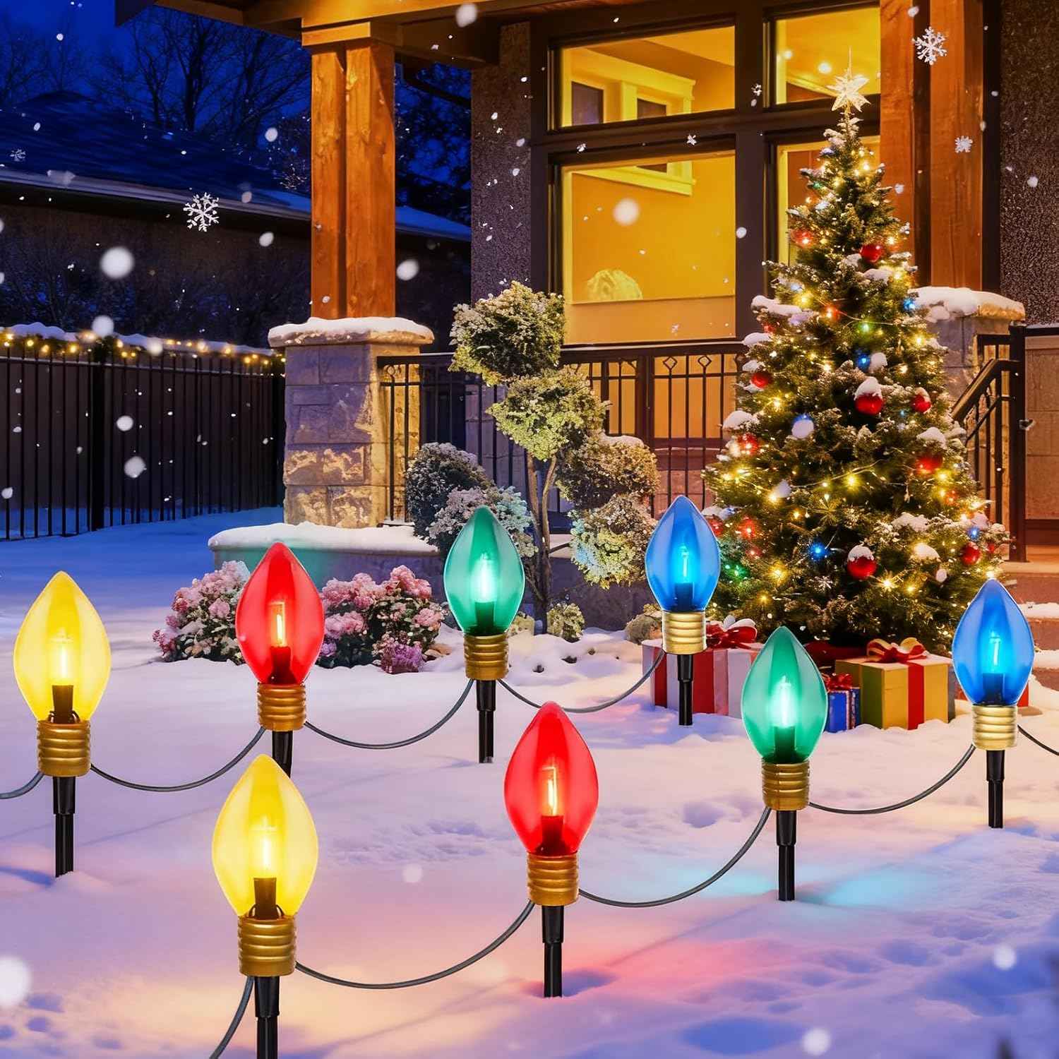 C9 Jumbo Christmas Pathway Lights Outdoor, 6.5Ft Christmas Decorations with 4 7.5'' LED Giant Multicolor Walkway Lights Bulb Waterproof, Vintage Xmas String Light for Lawn Holiday Outside Yard Garden