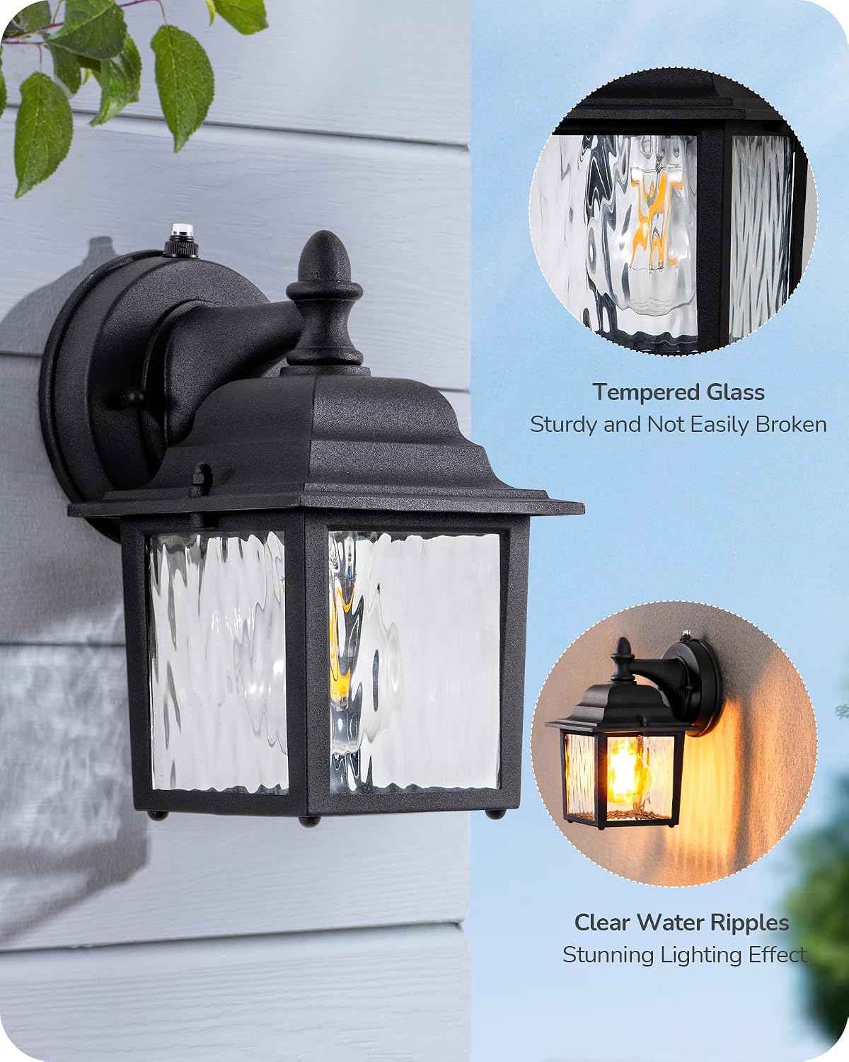 EDISHINE 2 Pack Outdoor Wall Lights, Modern Dusk to Dawn Black Porch Light | Clear Water Ripple Glass, Anti-Rust Aluminum, Standard E26 Socket, Waterproof Exterior Lighting Fixtures for Front Door