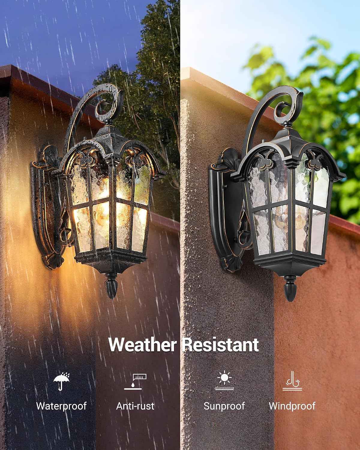 DEWENWILS Outdoor Wall Light Fixtures, Black Roman 17.7" H Exterior Wall Lantern, Anti-Rust & Waterproof, Water Ripple Glass, Outside Wall Sconce Porch Light for House, Garage