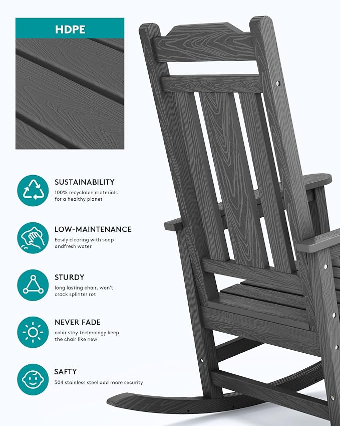 SERWALL Outdoor Rocking Chair Gray Set of 8, All Weather Patio Rocking Chair - Image 6