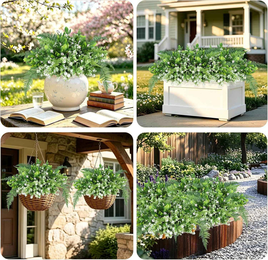 RECUTMS Faux Fern Flowers Plants Set for Outdoors 11 Bundles UV Resistant | Fake Fern,Eucalyptus Shrub with Rose&Berry Bunches for Home Patio Garden Window Box Front Door Porch Yard Planter Decor White