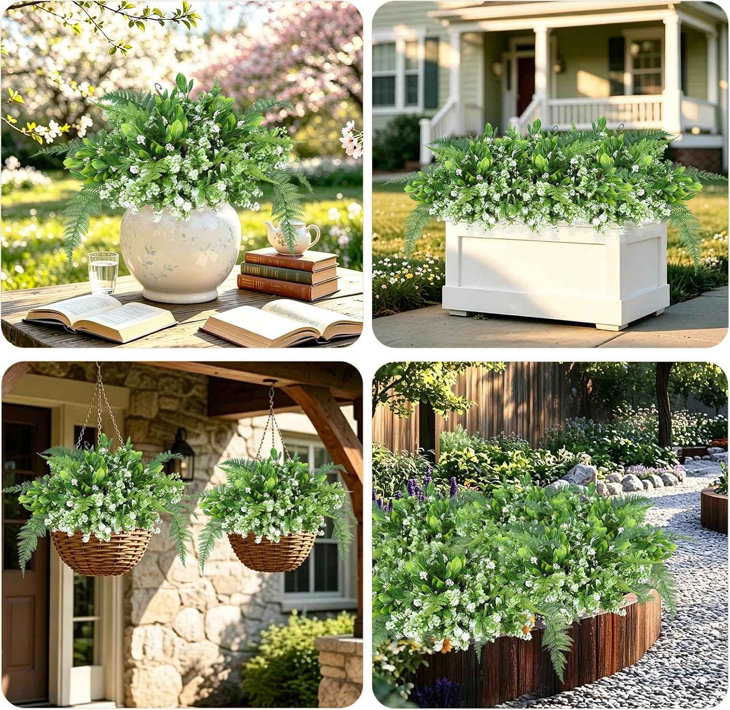 RECUTMS Faux Fern Flowers Plants Set for Outdoors 11 Bundles UV Resistant | Fake Fern,Eucalyptus Shrub with Rose&Berry Bunches for Home Patio Garden Window Box Front Door Porch Yard Planter Decor White