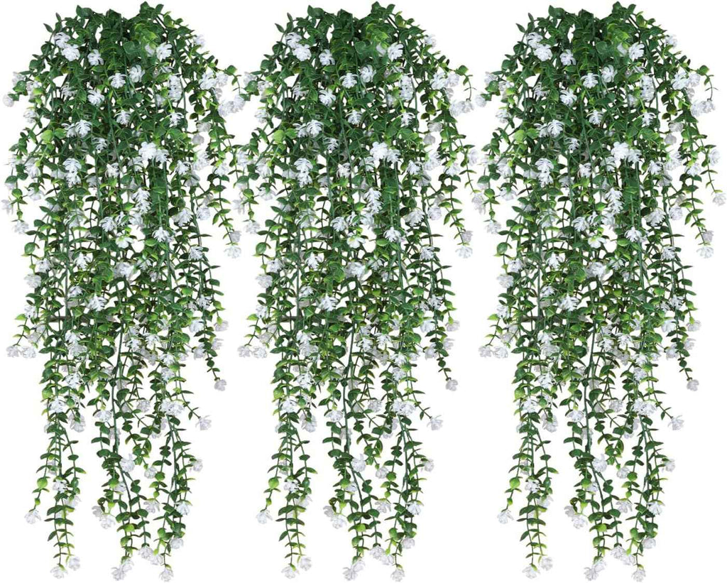 Artificial Hanging Plants, 3PCS Greenery Stems Fake Hanging Plant Eucalyptus Leaves Vine UV Resistant Plastic Plants for Porch Garden Wedding Indoor Outdoor Decor(White)