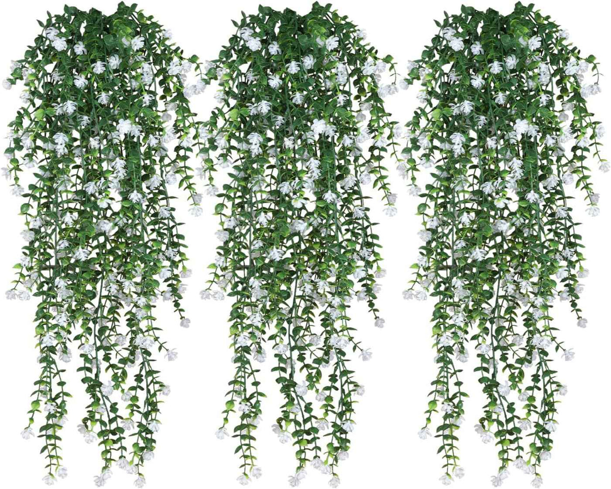 Artificial Hanging Plants, 3PCS Greenery Stems Fake Hanging Plant Eucalyptus Leaves Vine UV Resistant Plastic Plants for Porch Garden Wedding Indoor Outdoor Decor(White)