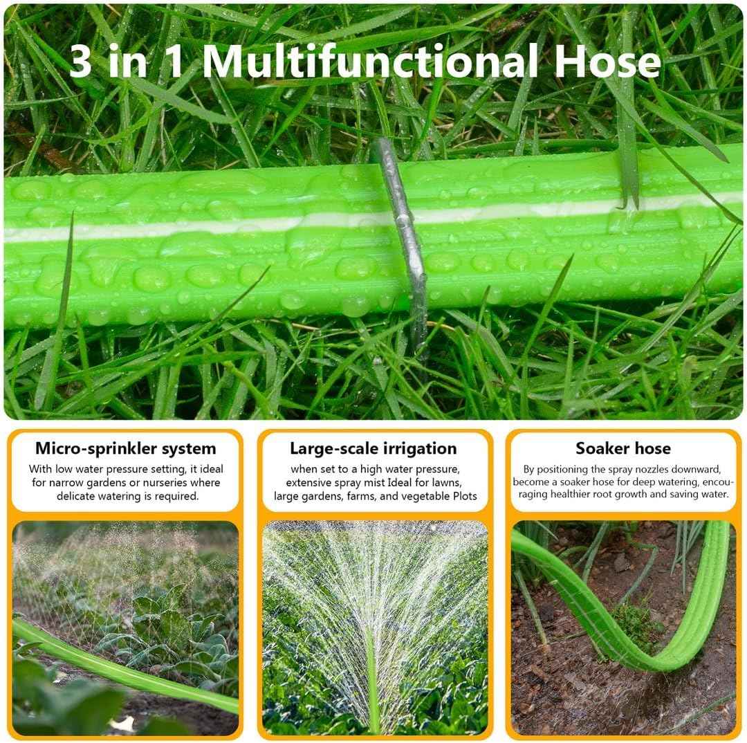 LAVEVE Heavy Duty Sprinkler Soaker Hose 100 FT, Flat Garden Hose with Holes | Efficient Flexible Irrigation Hose for Yard, Lawn and Garden, Includes Stakes (50FT x 2Pack)