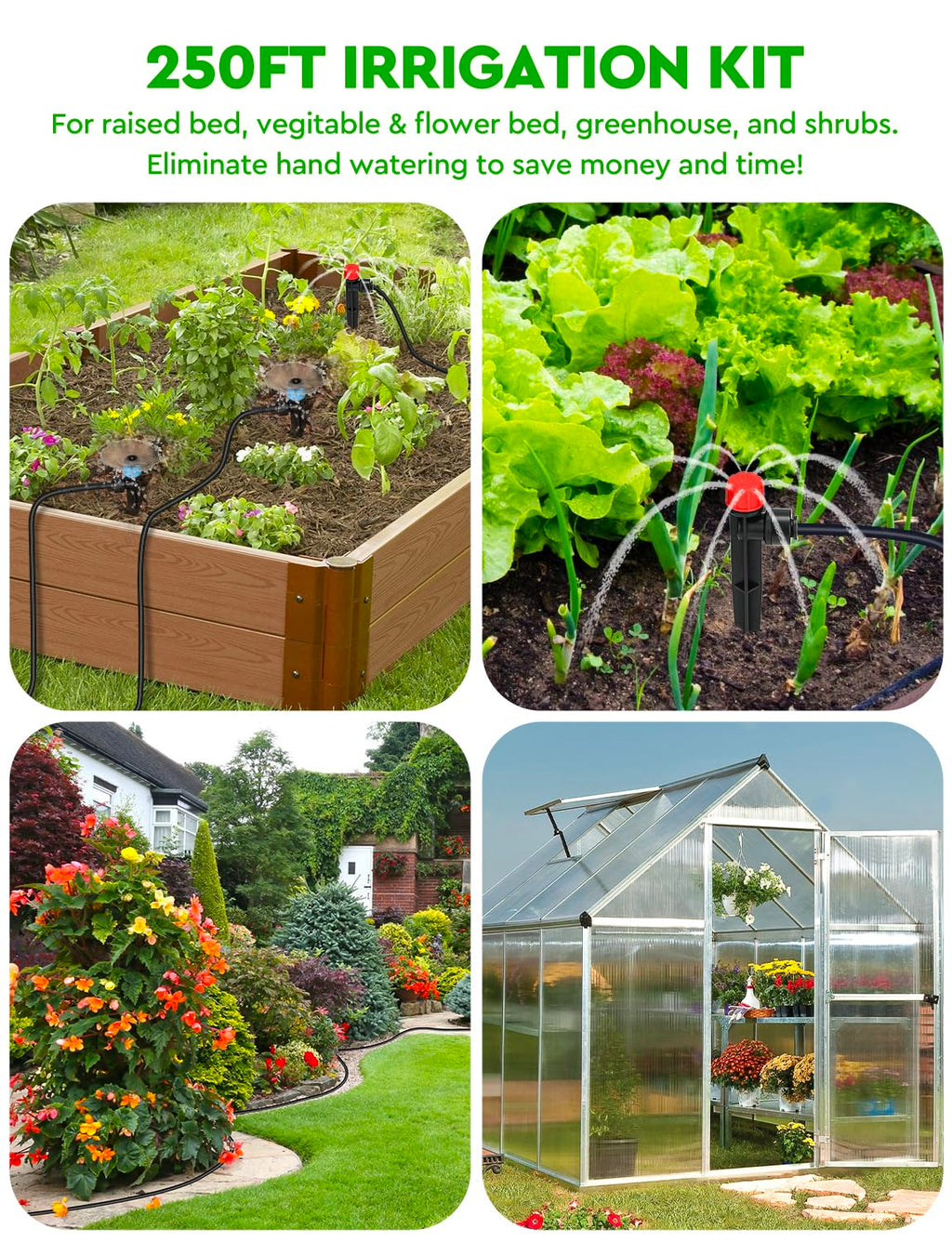 250FT Drip Irrigation System for Garden - 50FT 1/2" Main Tube & 200FT 1/4" Branch Tubing, Brass Splitter, Quick Connect Design, Perfect for Outdoor Plants, Raised Beds, Greenhouses
