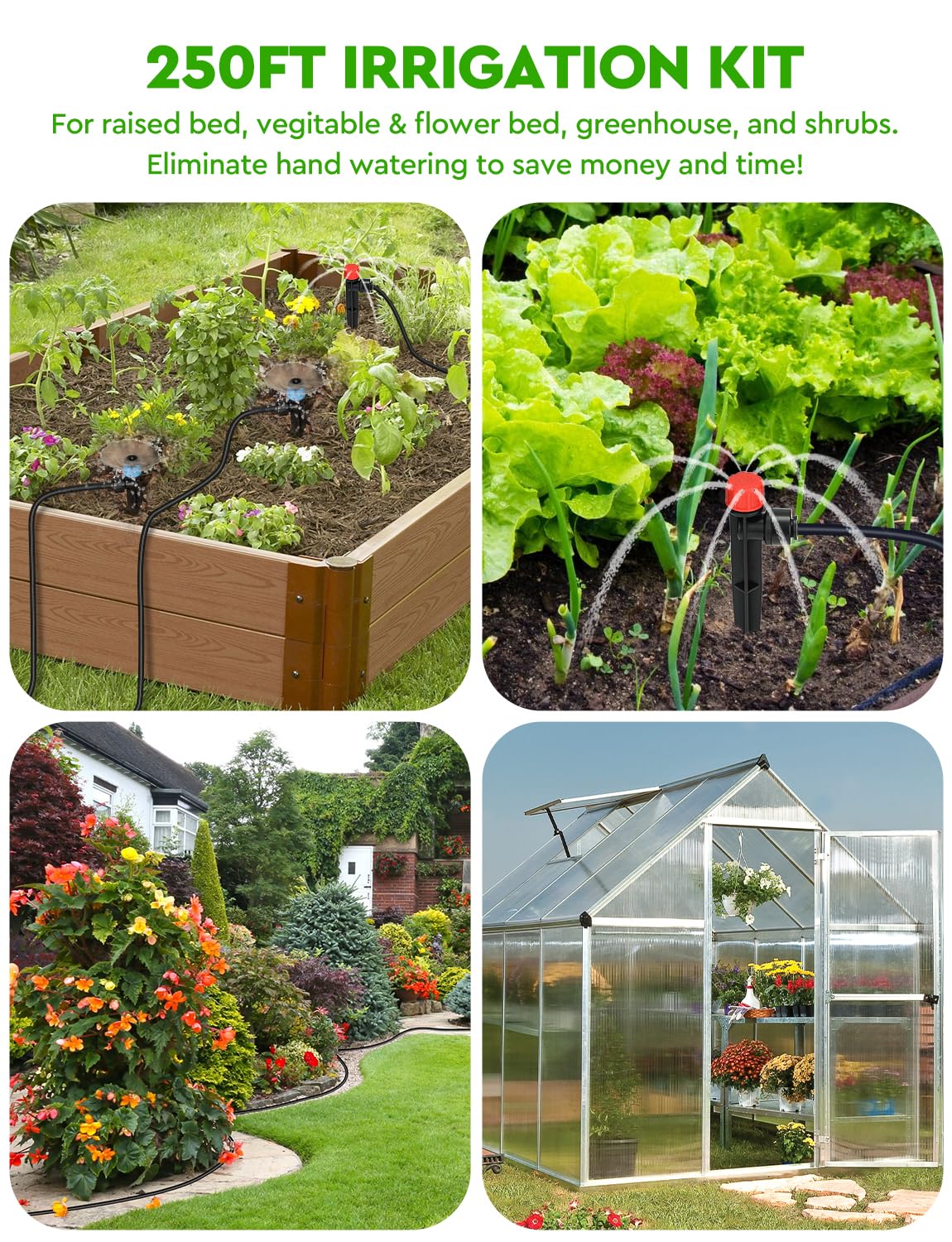 250FT Drip Irrigation System for Garden - 50FT 1/2" Main Tube & 200FT 1/4" Branch Tubing, Brass Splitter, Quick Connect Design, Perfect for Outdoor Plants, Raised Beds, Greenhouses