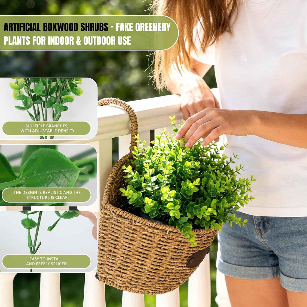 Outdoor Artificial Greenery Plants 8 Pcs UV Resistant Non-Fading Boxwood Shrubs Fake Bushes